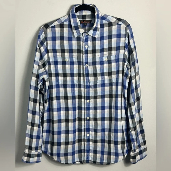 Ben Sherman Blue/Navy check print long sleeve shirt Size Large - Picture 1 of 14